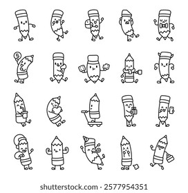 Set of cute kawaii cartoon pencil characters showing various emotions and activities like smiling, eating, drinking, gifting, and celebrating with funny and stylish elements