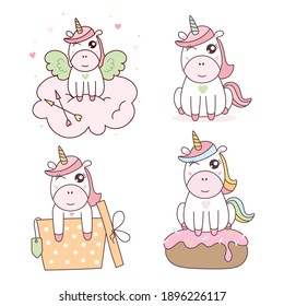 Set of Cute kawaii cartoon unicorns.  Adorable horse or pony with horn. Kids design ready for print.