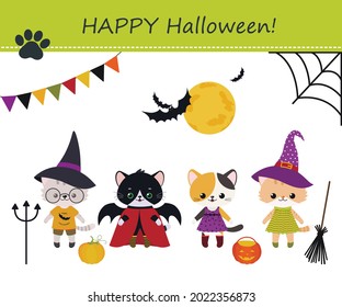 Set of cute kawaii cats in costume for Halloween. Cartoon flat style. Vector illustration