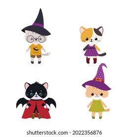 Set of cute kawaii cats in costume for Halloween. Cartoon flat style. Vector illustration