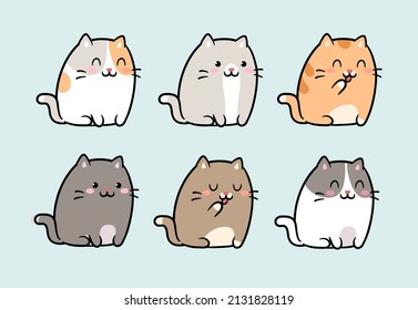 Set of cute Kawaii Cats in sitting poses - isolated on white vector. Funny cartoon fat cats for print or sticker design