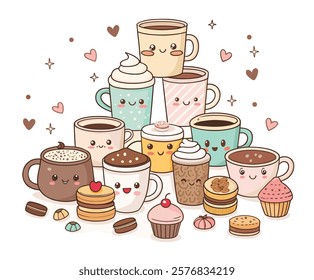 Set of cute kawaii characters coffee, Hot chocolate characters in trendy kawaii style. Take away cups, mugs with hot beverage for Banner, card, poster design. 