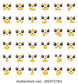 Set of cute kawaii characters in the shape of letters and numbers, vector clip art.