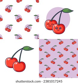 Set of Cute Kawaii Cherry patterns. Food fruit flat icon. Cartoon Cherry seamless pattern, doodle style. Vector hand drawn illustration. Patterns for kids clothes. Cherry patterns collection