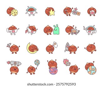 Set of cute kawaii chestnut cartoon characters in space with planets, rockets, alien, satellites, smiling and sleeping face, celestial elements, cosmic objects, and creative poses