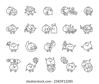 Set of cute kawaii chestnut cartoon characters in space with planets, rockets, alien, satellites, smiling and sleeping face, celestial elements, cosmic objects, and creative poses