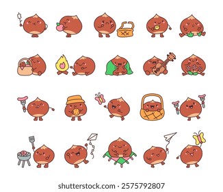 Set of cute kawaii chestnut at a picnic character featuring, marshmallow at a stick, guitar, kite, butterfly, barbecue, mug, basket, flowers and more for creative illustrations