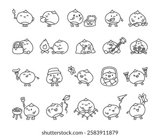 Set of cute kawaii chestnut at a picnic character featuring, marshmallow at a stick, guitar, kite, butterfly, barbecue, mug, basket, flowers and more for creative illustrations