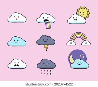Set of cute kawaii cloud illustration