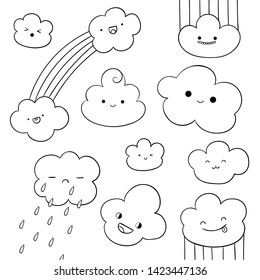 Set of cute kawaii clouds in doodle style. Outline cloud with funny faces and rainbow. Easy to change color.