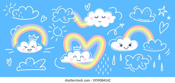 Set of Cute kawaii clouds and rainbow icons baby cute pastel colors. Funny anime characters. Trendy vector illustration. Kawaii cloud and rainbow stickers for kids scrapbook, notepad or baby shower. 