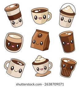 Set of cute kawaii coffee cup cartoon illustration