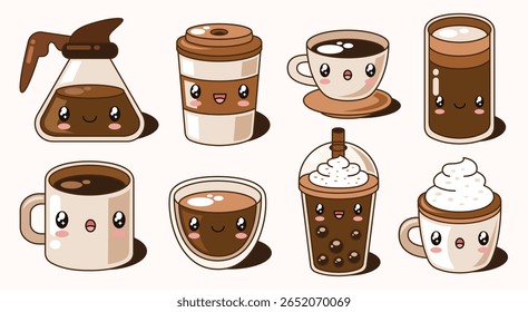 Set of cute kawaii coffee cup cartoon illustration