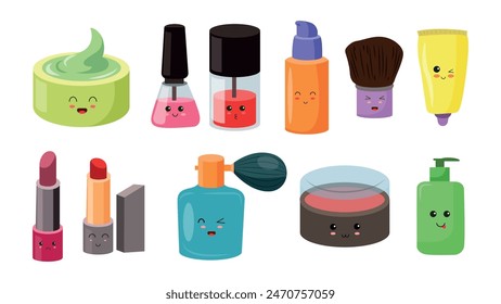 Set von niedlichen Kawaii Kosmetik im Cartoon-Stil.Vektorillustration von lustigen Kosmetika mit verschiedenen Emotionen: Creme, Nagellack, Pinsel, Tube, Lippenstifte, Parfüm, erröten, isoliert auf weißem Hintergrund.