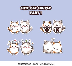 Set of cute kawaii couple little cat for social media sticker emoji expression say OK happy and hug emoticon