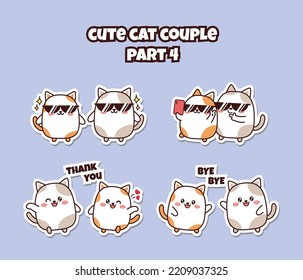 Set of cute kawaii couple little cat for social media sticker emoji wearing sunglasses take a picture say thank you and bye bye emoticon