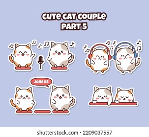 Set of cute kawaii couple little cat for social media sticker emoji singing with headphone and microphone join us feel boring or sad emoticon