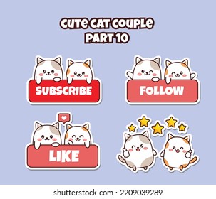 Set of cute kawaii couple little cat for social media sticker emoji subscribe follow like perfect emoticon