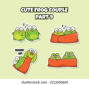 Set Of Cute Kawaii Couple Little Frog Sticker Emoji Sleep Sick And Wake Up Emoticon