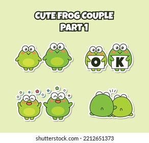 Set of cute kawaii couple little frog sticker emoji expression say OK happy and hug emoticon