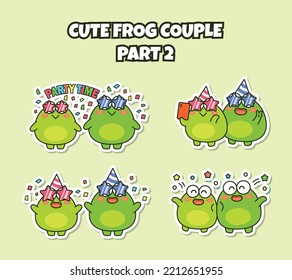 Set Of Cute Kawaii Couple Little Frog Sticker Emoji Party Time And Feel Happy Emoticon