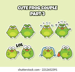 Set Of Cute Kawaii Couple Little Frog Sticker Emoji Angry Laughing Out Loud Cry Emoticon