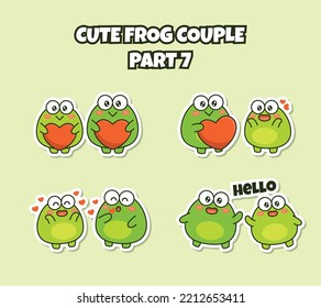 Set Of Cute Kawaii Couple Little Frog Sticker Emoji Falling In Love And Say Hello Emoticon