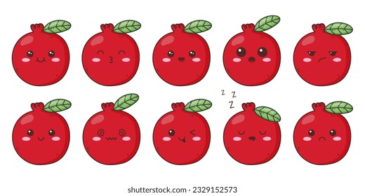 Set cute kawaii cranberry character with a funny emoji. Cartoon vector illustration. 