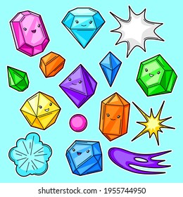 Set Of Cute Kawaii Crystals Or Gems.