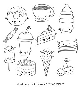 Set Of Cute Kawaii Desserts. Fun Doodle Kawaii Sweets 