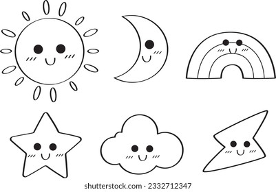 Cute doodle dibujos animados iconos y objetos del cielo. Nubes y relámpagos de estrellas del arco iris de la luna solar