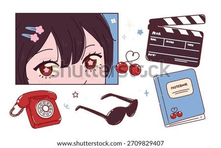 Set of Cute Kawaii Doodles, Anime girl, Cherry, Clapperboard, Sunglasses, Rotary Phone, Notebook. Hand drawn Cartoon kawaii style. 