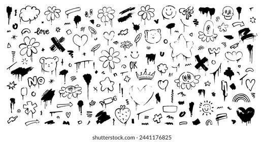 Set of cute, kawaii doodles. Hand drawn anime characters, brush strokes, flowers, cat, bear, jelly fish, splatters, blots, arrows.