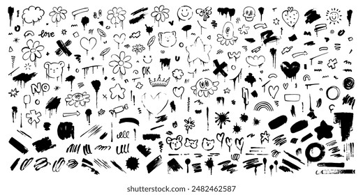 Set of cute, kawaii doodles. Hand drawn anime characters, brush strokes, flowers, cat, bear, jelly fish, splatters, blots, arrows.
