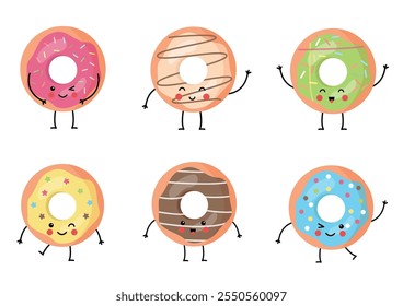 Conjunto de donuts kawaii lindos o donuts aislados sobre fondo blanco. Ilustración vectorial.