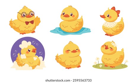 Set of cute kawaii ducklings. Yellow ducklings on white background. Vector flat characters