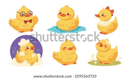 Set of cute kawaii ducklings. Yellow ducklings on white background. Vector flat characters