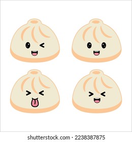 Set of Cute kawaii dumpling with eyes and smile emoji. Traditional asian cuisine and food. Vector illustration