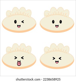 Set of Cute kawaii dumpling with eyes and smile emoji. Traditional asian cuisine and food. Vector illustration