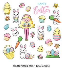 Set of cute kawaii Easter cartoon characters with lettering. Easter bunny, chick, flower, girl and basket of easter eggs. Beautiful Kawaii vector illustration for greeting card/poster/sticker.