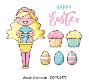 Set of cute kawaii Easter cartoon characters with lettering. Easter sweets, girl and basket of easter eggs. Beautiful Kawaii vector illustration for greeting card/poster/sticker.