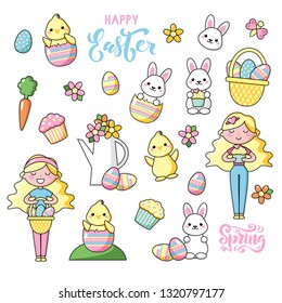 Set of cute kawaii Easter cartoon characters with lettering. Easter bunny, chick, flower, girl and basket of easter eggs. Beautiful Kawaii vector illustration for greeting card/poster/sticker.