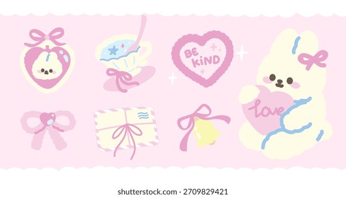 Conjunto de lindos Elementos Kawaii con conejito, taza de té, estrellas, sobre, campana, Vector de lazo de cinta. 