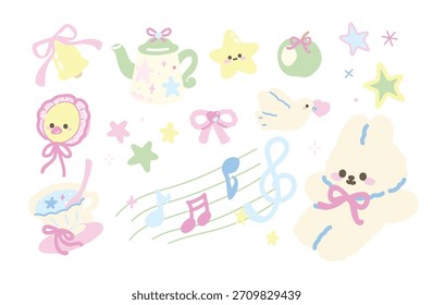 Conjunto de lindos Elementos Kawaii con conejito, bebé pollito. Taza de té, estrellas, nota de música, manzana, Vector de lazo de cinta. diseño plano. 
