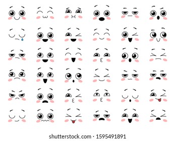 Set of cute kawaii emoticon. Cartoon face collection. Vector illustration