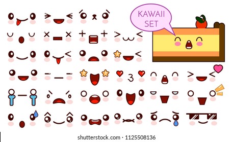 Set of cute kawaii emoticon face and sweet piece of cake, collection smileys manga executed in a cartoon style. Vector illustration.