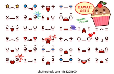 Set of cute kawaii emoticon face and sweet cake, collection smileys manga executed in a cartoon style. Vector illustration.