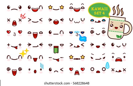 Set of cute kawaii emoticon face and sweet tea cup, collection smileys manga executed in a cartoon style. Vector illustration.