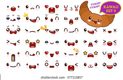 Set of cute kawaii emoticon face and sweet croissant, collection smileys manga executed in a cartoon style. Vector illustration.