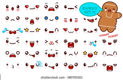 Set of cute kawaii emoticon face and sweet cookie, collection smileys manga executed in a cartoon style. Vector illustration.